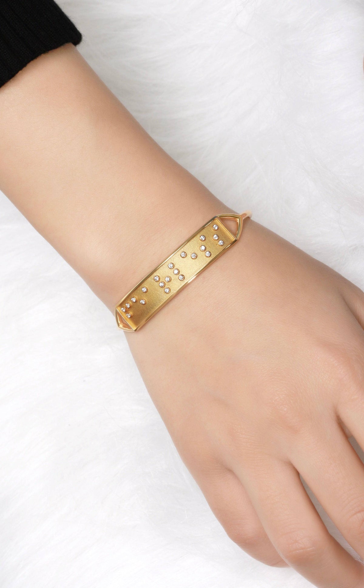 Touchstone You Got This Gold Cuff with Braille Crystals on model