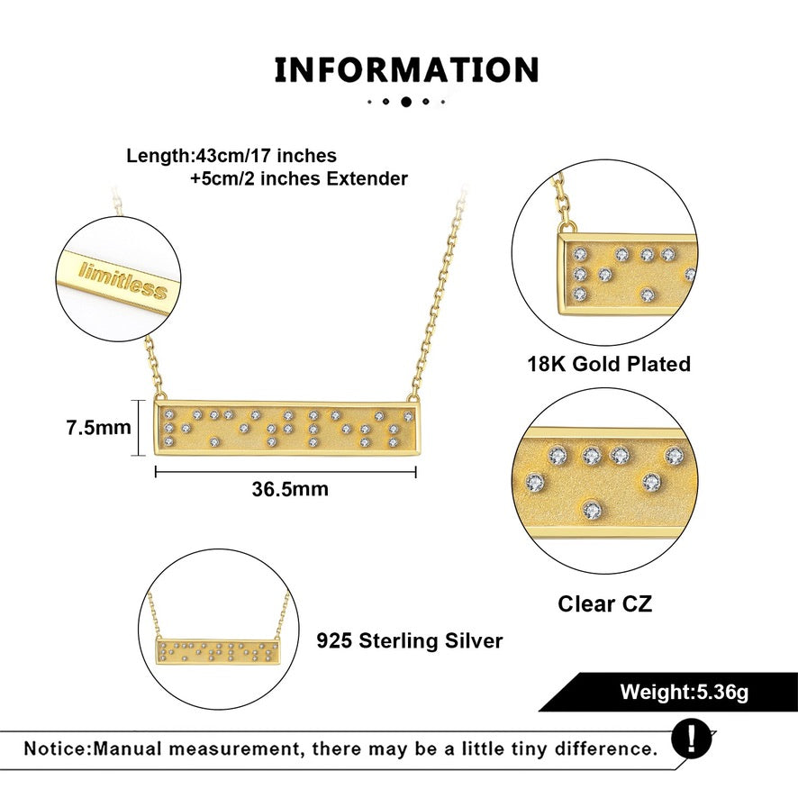 Gold necklace with clear CZ stones, measurements, and material details on a white background.