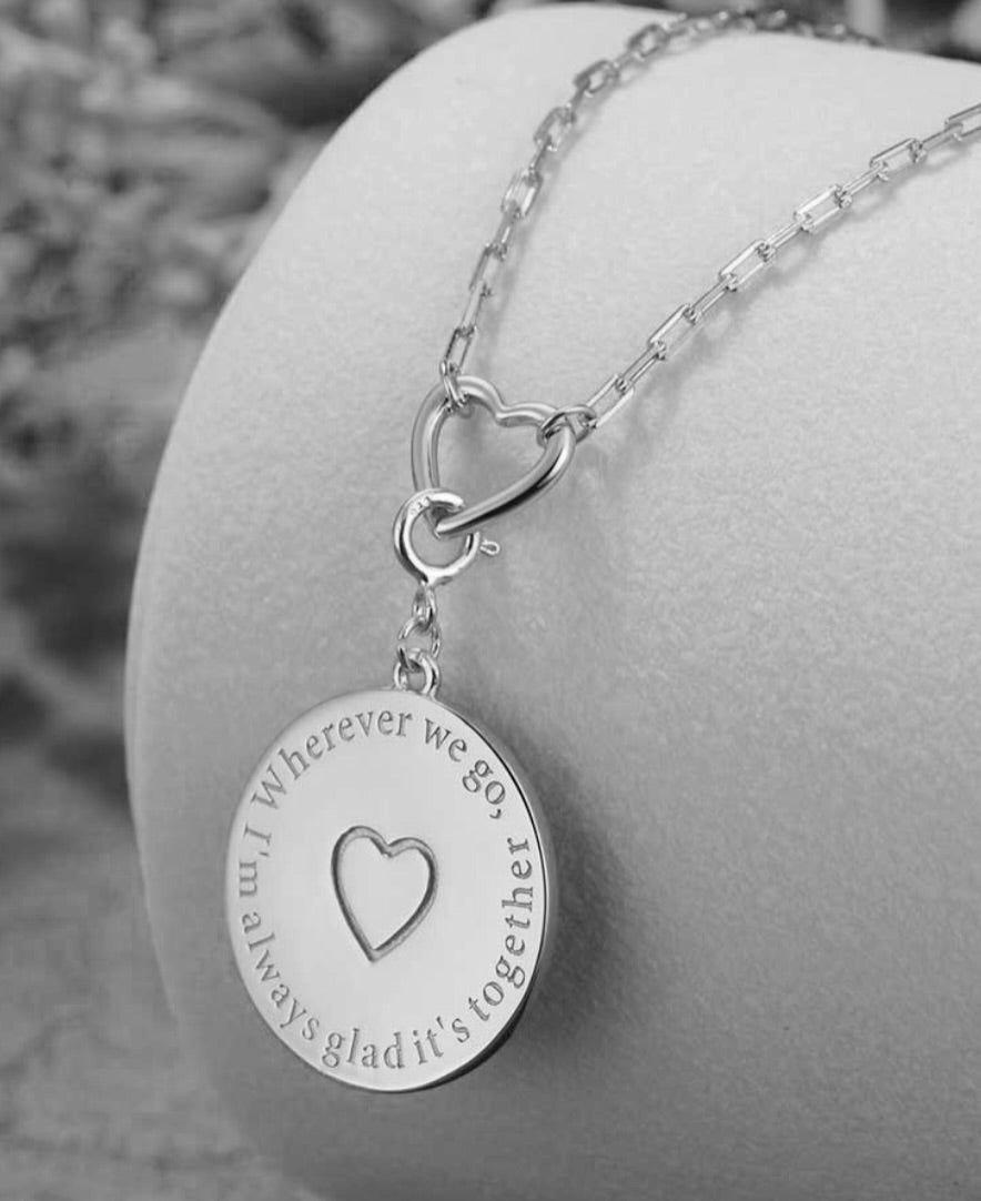 We Wander Compass Necklace Silver Engraved with "Wherever we go, I'm always glad it's together" with Heart on back