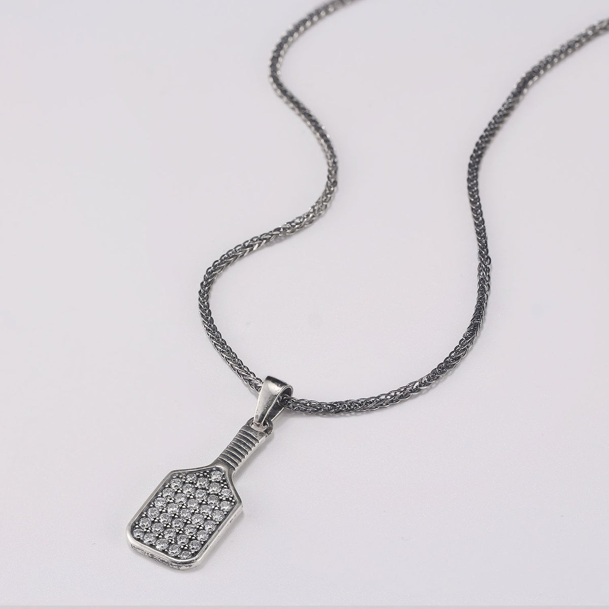 Pickleball Baller Paddle Necklace Silver with Clear Crystals