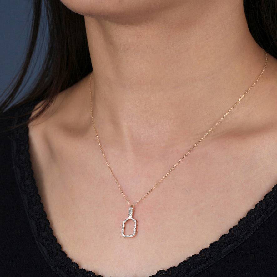 Pickleball Belle Volley FINE Necklace Solid 14k Gold Racquet with Diamonds on model