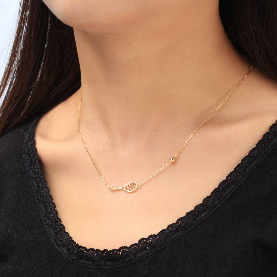 LoveMatch Tennis BABY ACE Gold Racquet and Ball Necklace on model