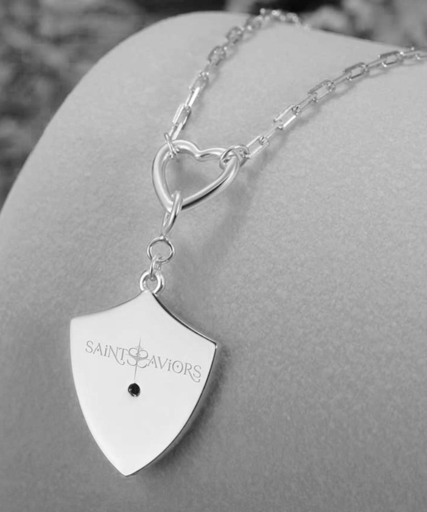 Saints and Saviors Shield Crown Pendant on Heart Necklace Silver