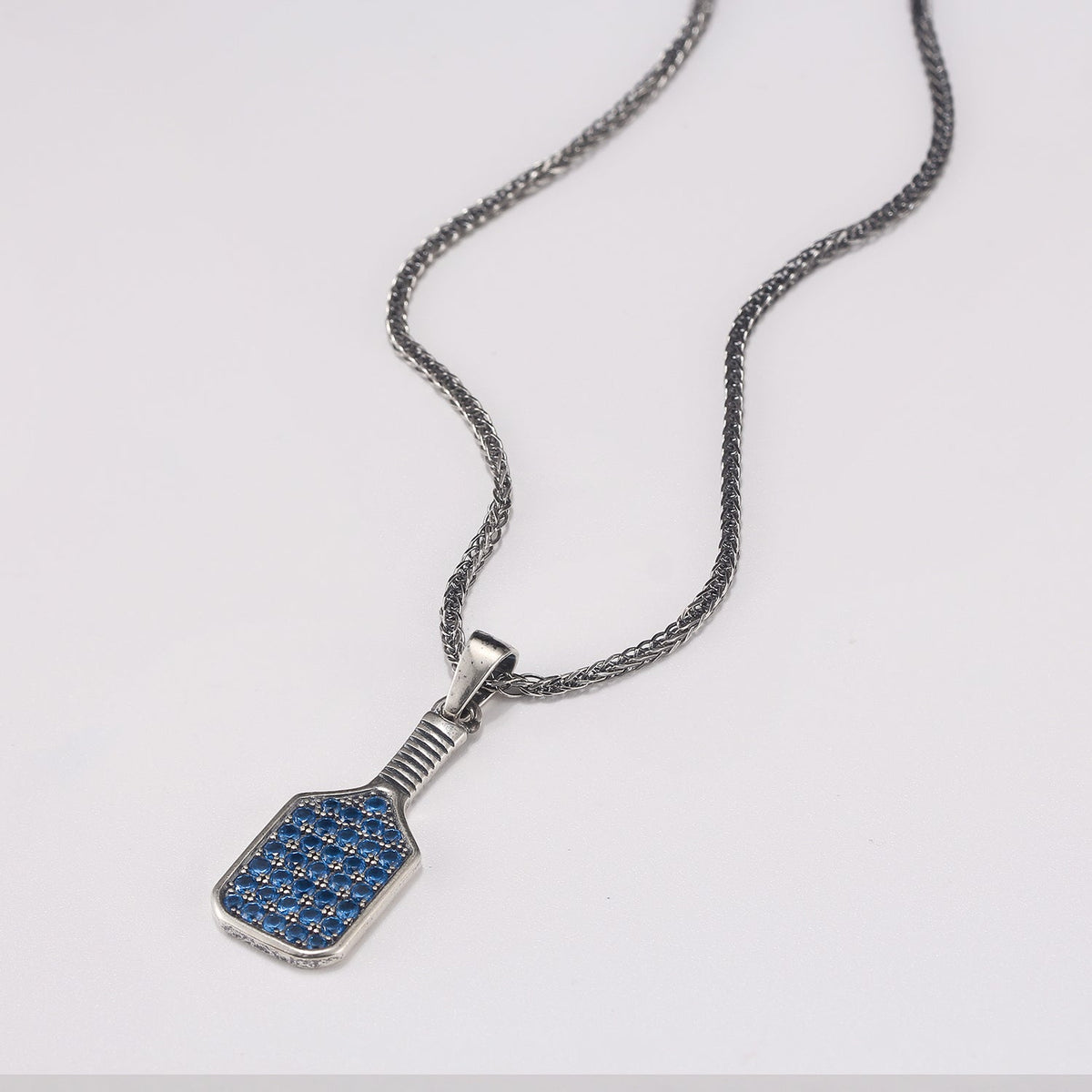 Pickleball Baller Paddle Necklace Silver with Blue Crystals