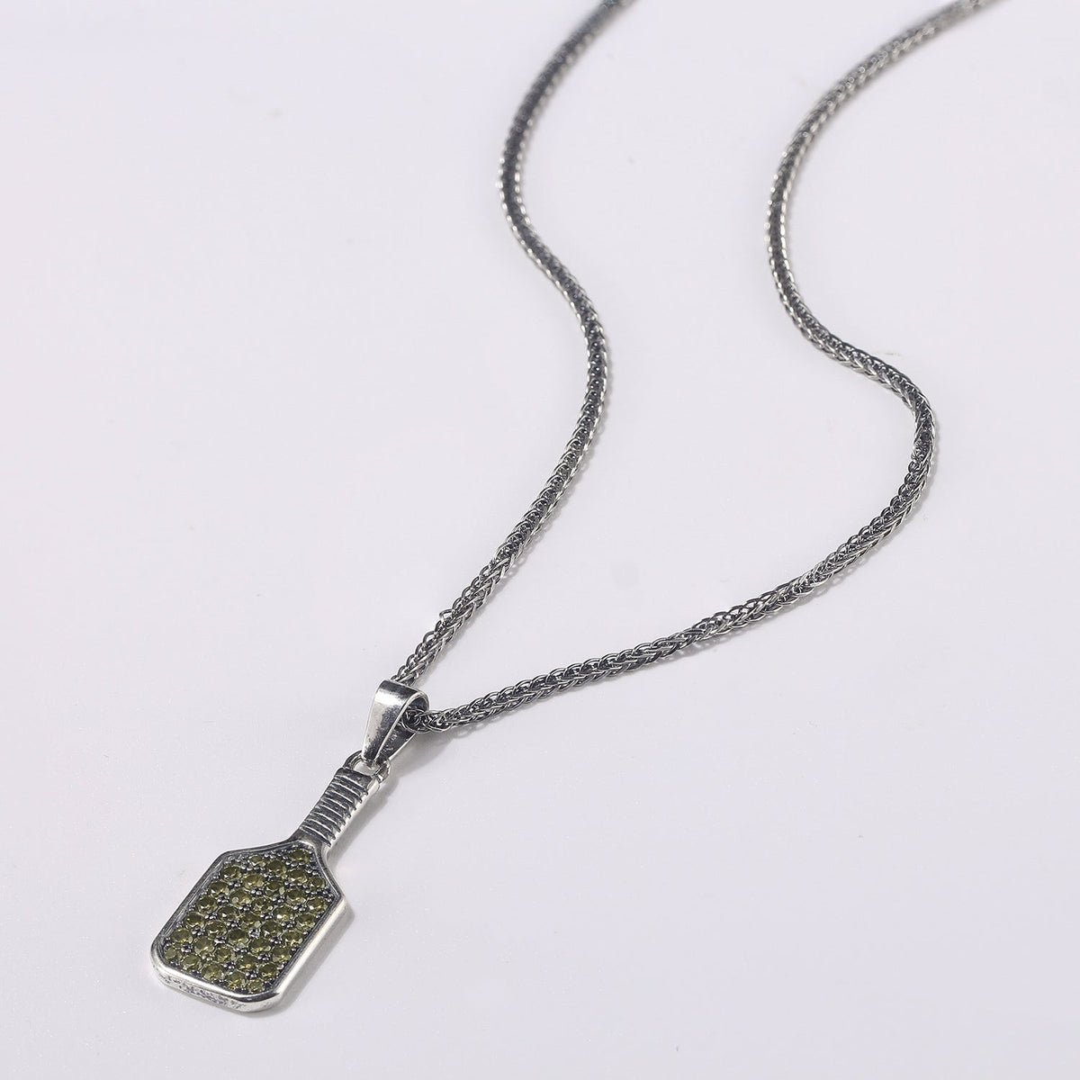 Pickleball Baller Paddle Necklace Silver with Light Green Crystals