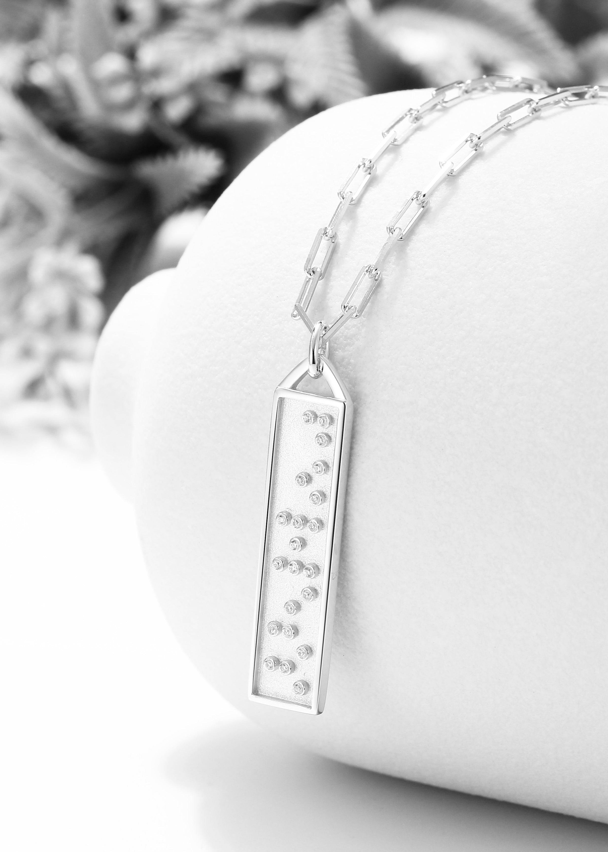 Touchstone Fearless Bar Necklace Silver "Fearless" in Braille Crystals