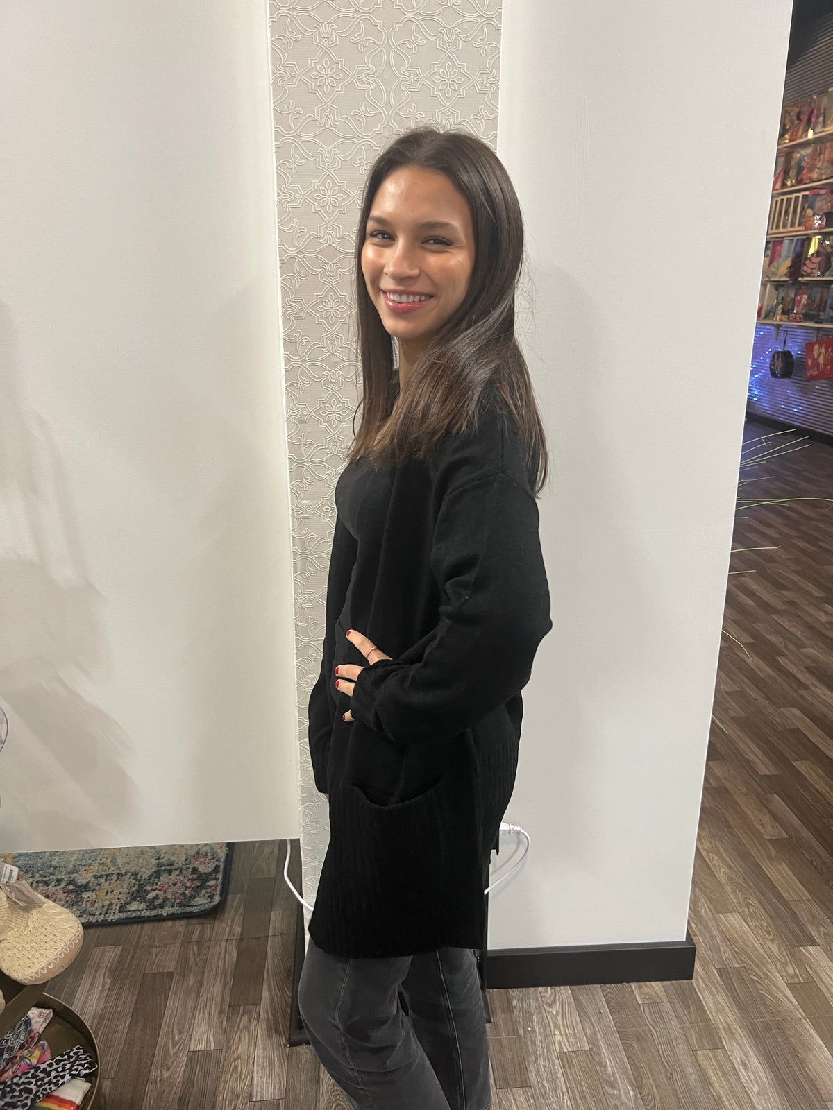 Black Long Sleeve Open Front with Pocket Sweater Cardigan - Athena's Fashion Boutique