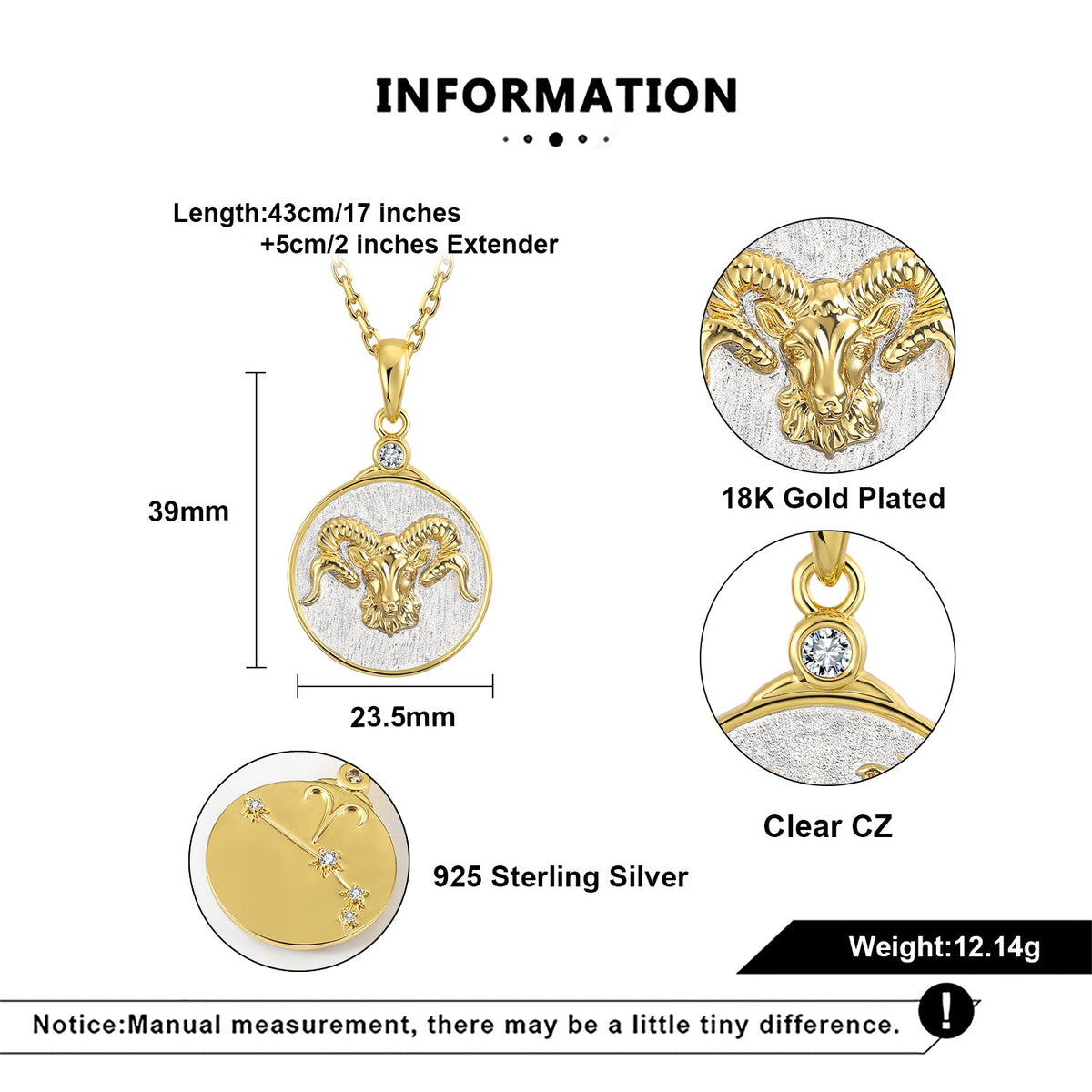 Gold and silver Aries ram pendant necklace with measurements and material details on a white background