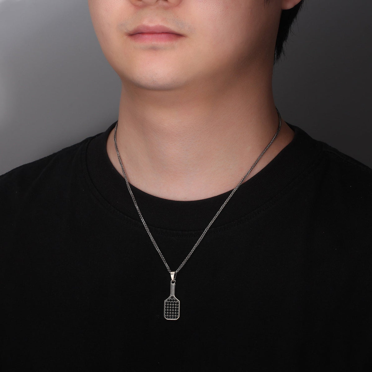 Pickleball Baller Paddle Necklace Silver with Black Crystals on Model