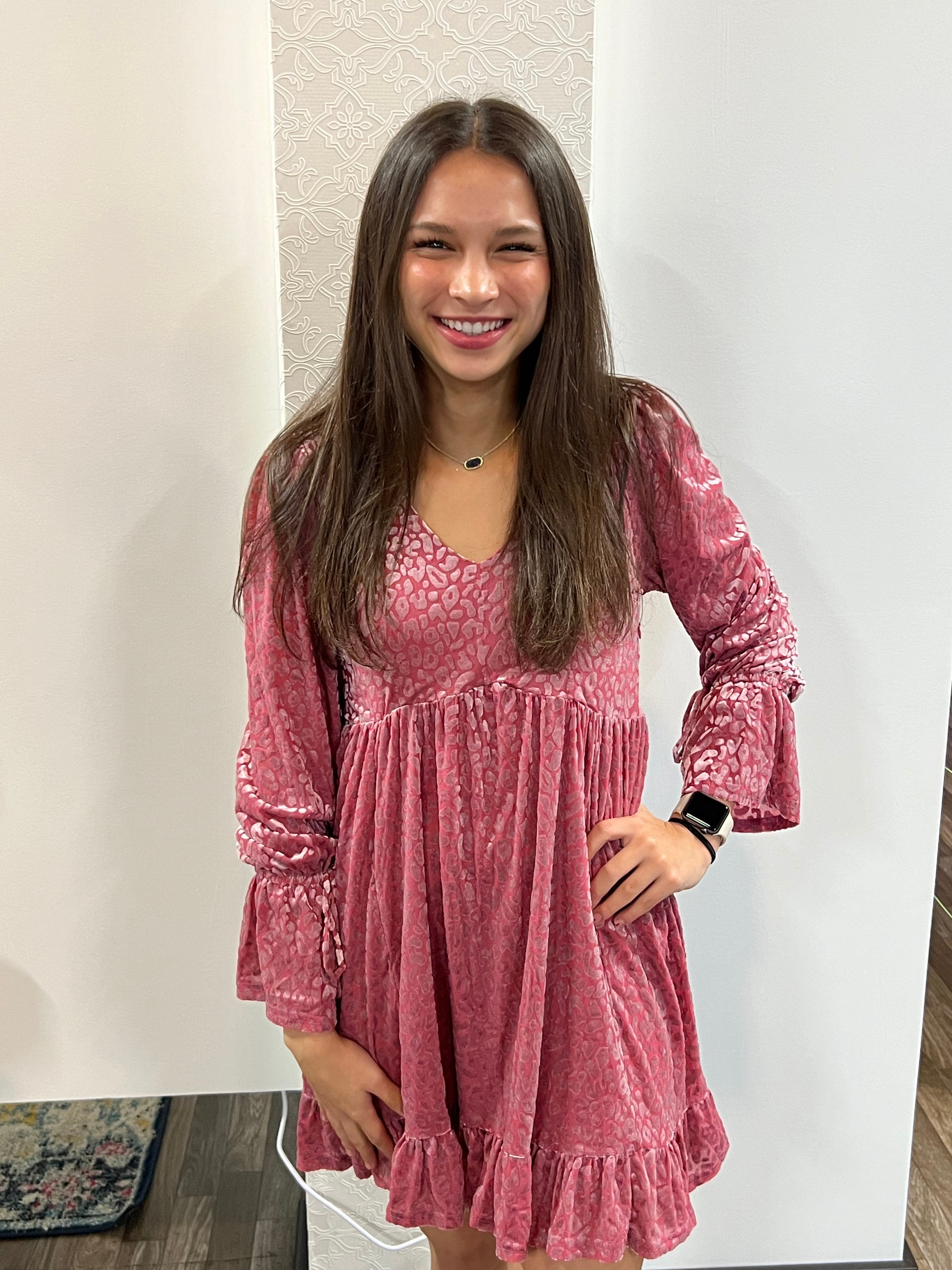 Pink Leopard Velvet Ruffled Holiday Mini Dress - Athena's Fashion Boutique