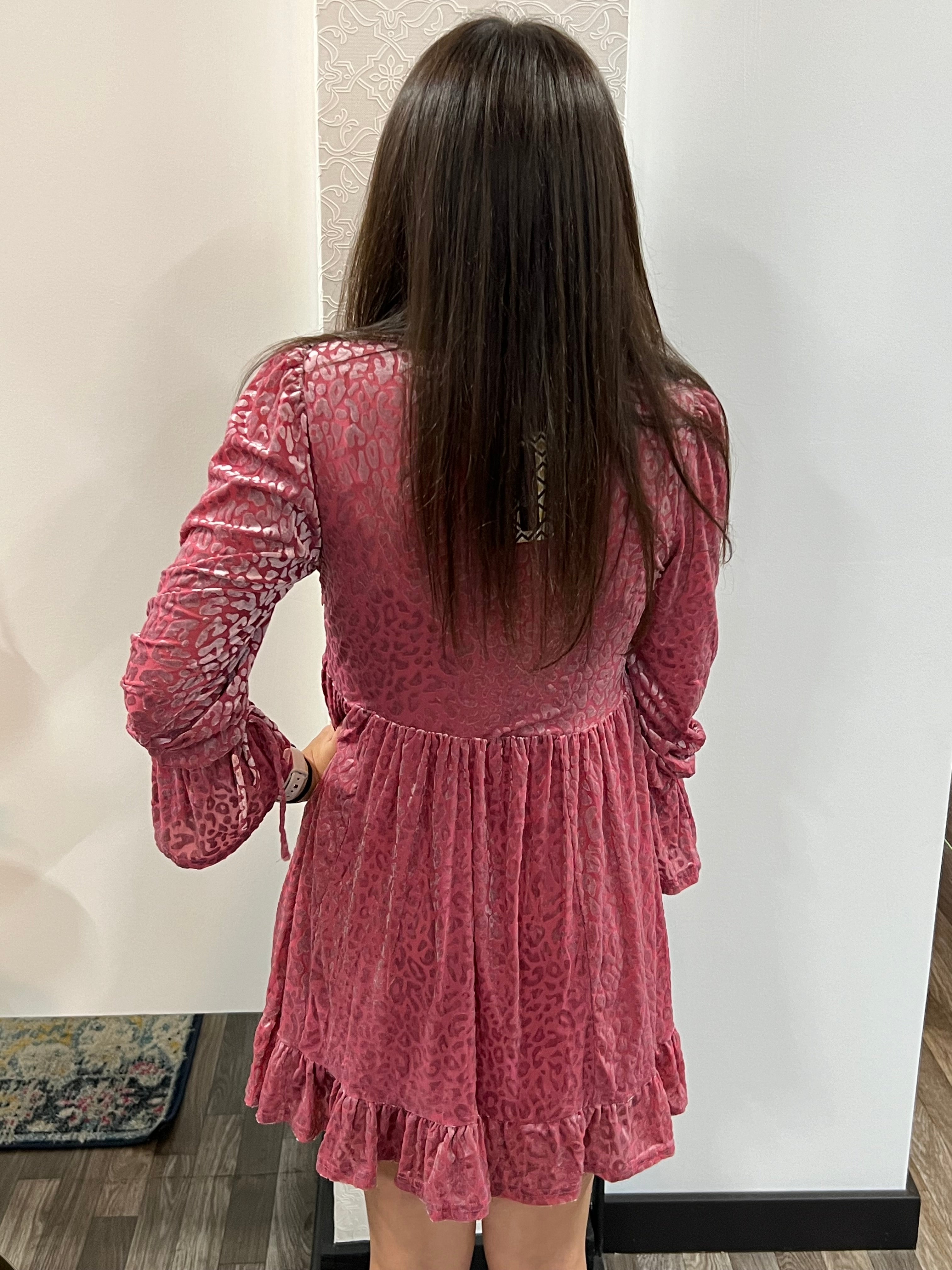 Pink Leopard Velvet Ruffled Holiday Mini Dress - Athena's Fashion Boutique