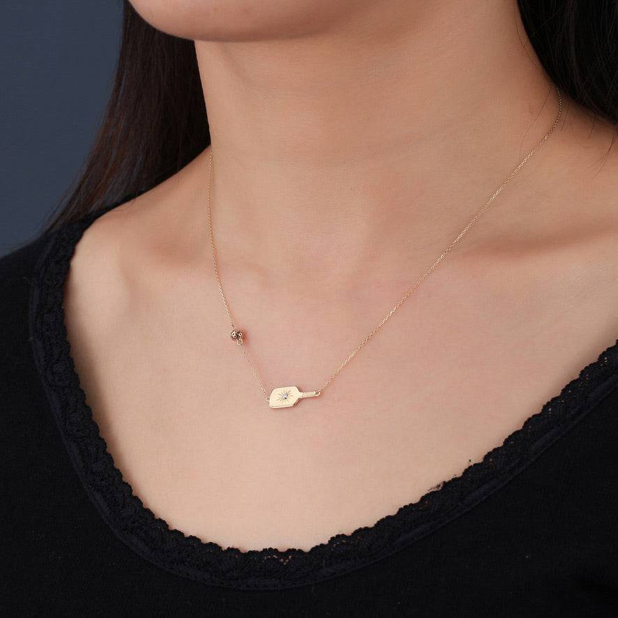 Pickleball Dinker FINE Necklace Solid 14k Gold Paddle and Ball with Diamond on model