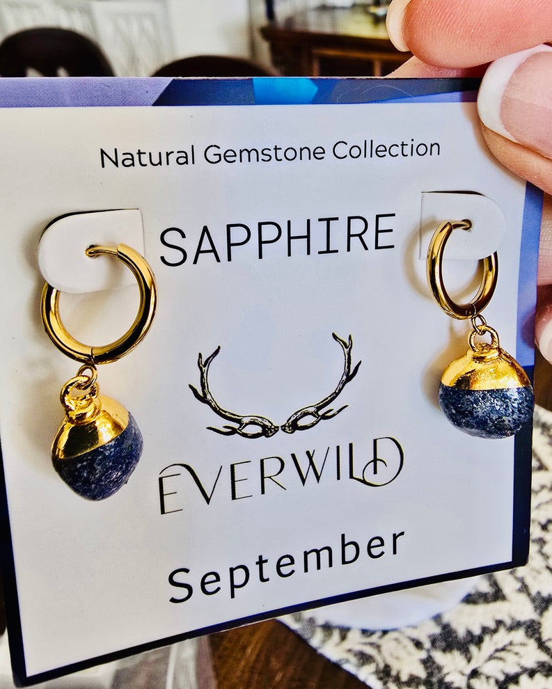 Earrings on a card labeled 'Sapphire' from the 'Everwild' collection, held by a hand.