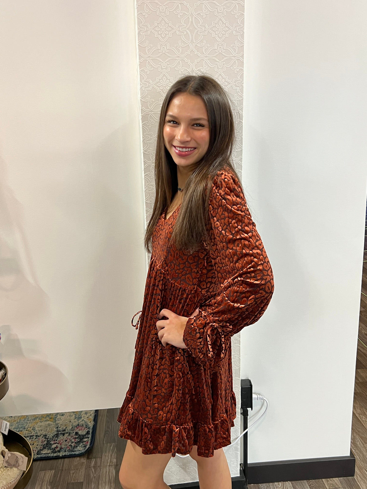 Rust Leopard Velvet Ruffled Holiday Mini Dress - Athena's Fashion Boutique