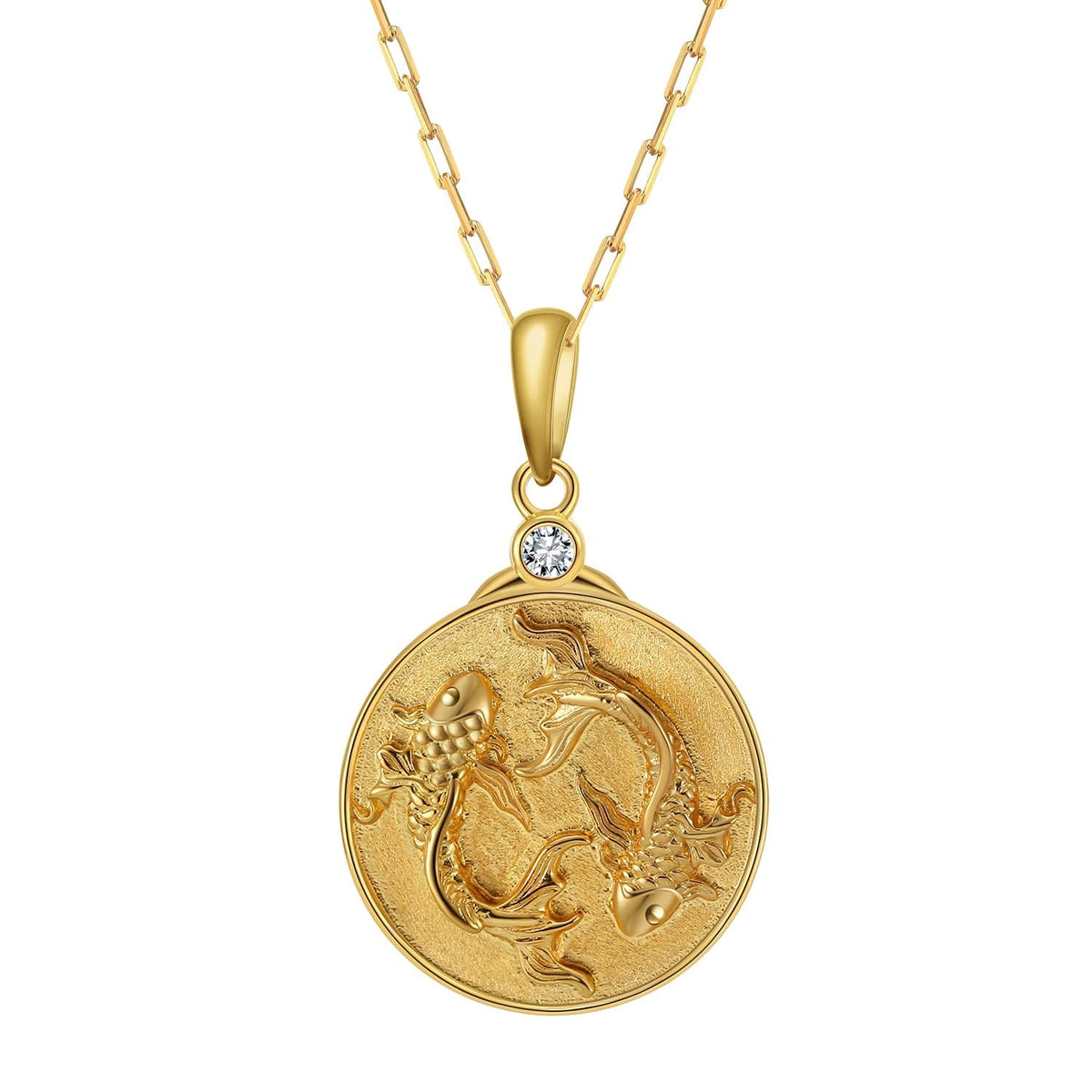 Gold Zodiac Pisces Medallion Necklace featuring a Pair of Fish