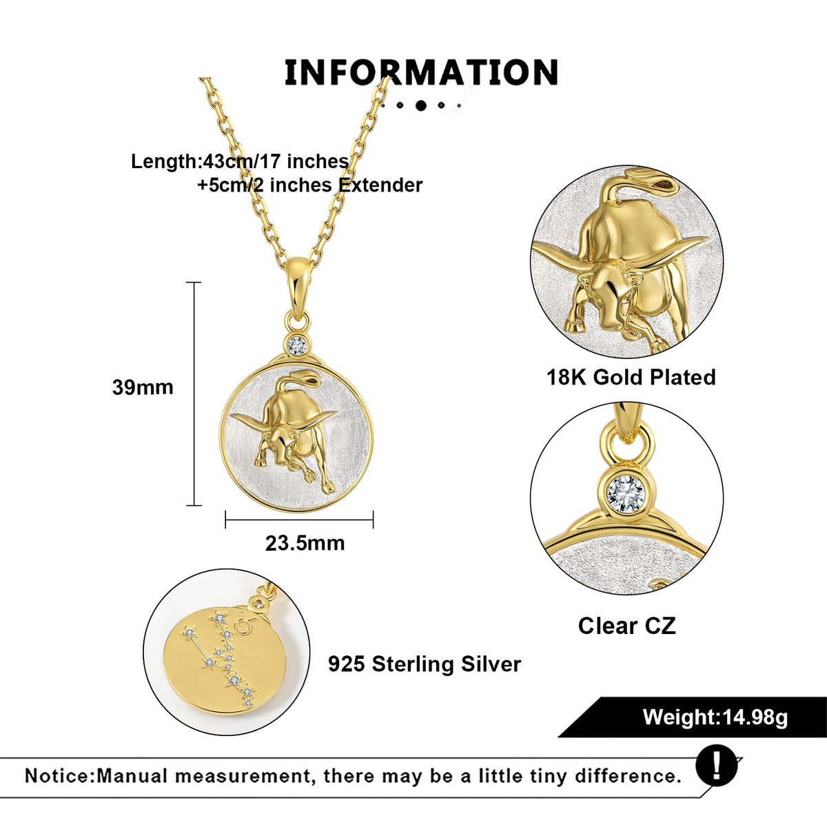 Gold and silver Taurus pendant necklace with detailed specifications on a white background