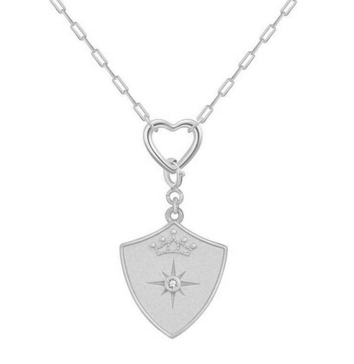 Saints and Saviors Shield Crown Pendant on Heart Necklace Silver