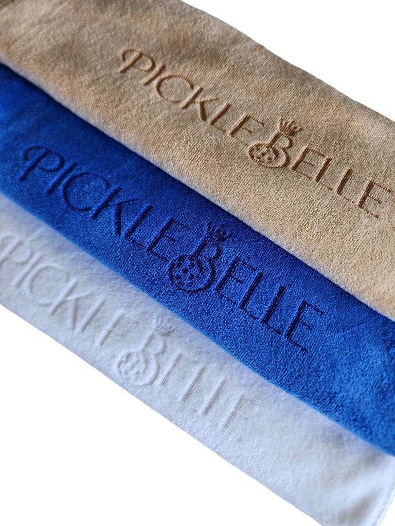Pickleball Rally Towel by PickleBelle in White, Blue and Tan