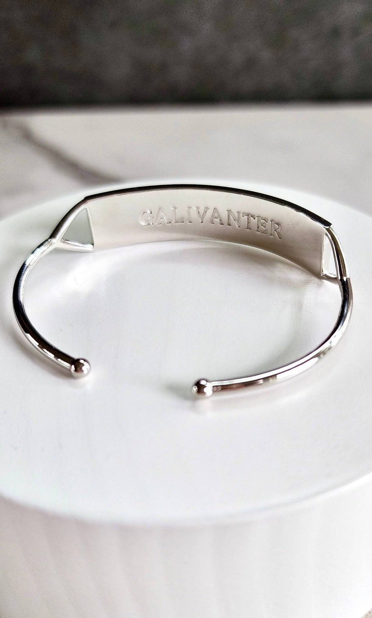 Touchstone Galivanter Silver Cuff Bracelet showing text on reverse