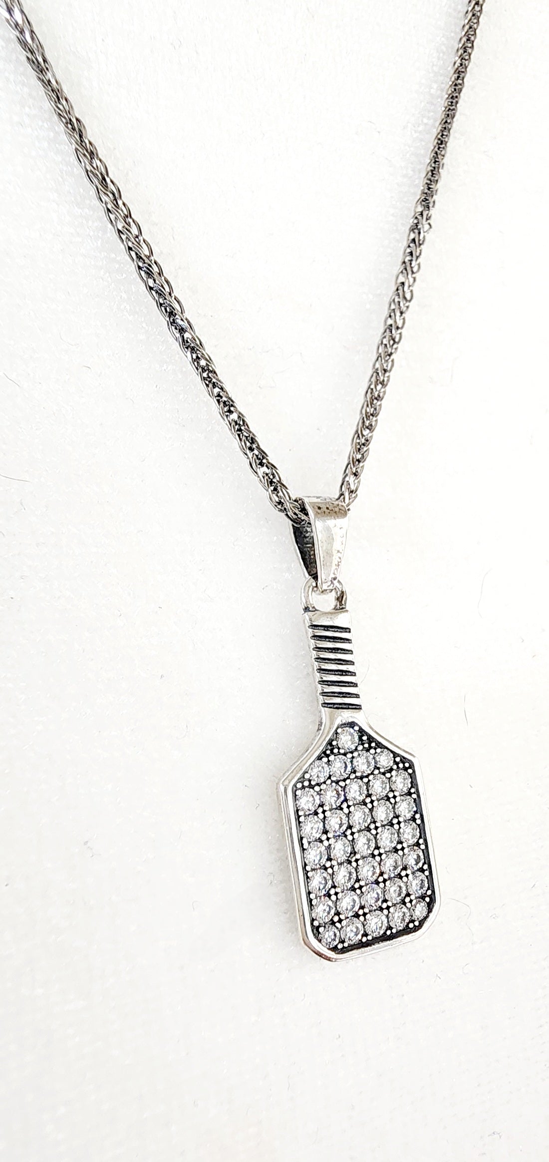 Pickleball Baller Paddle Necklace Silver with Clear Crystals