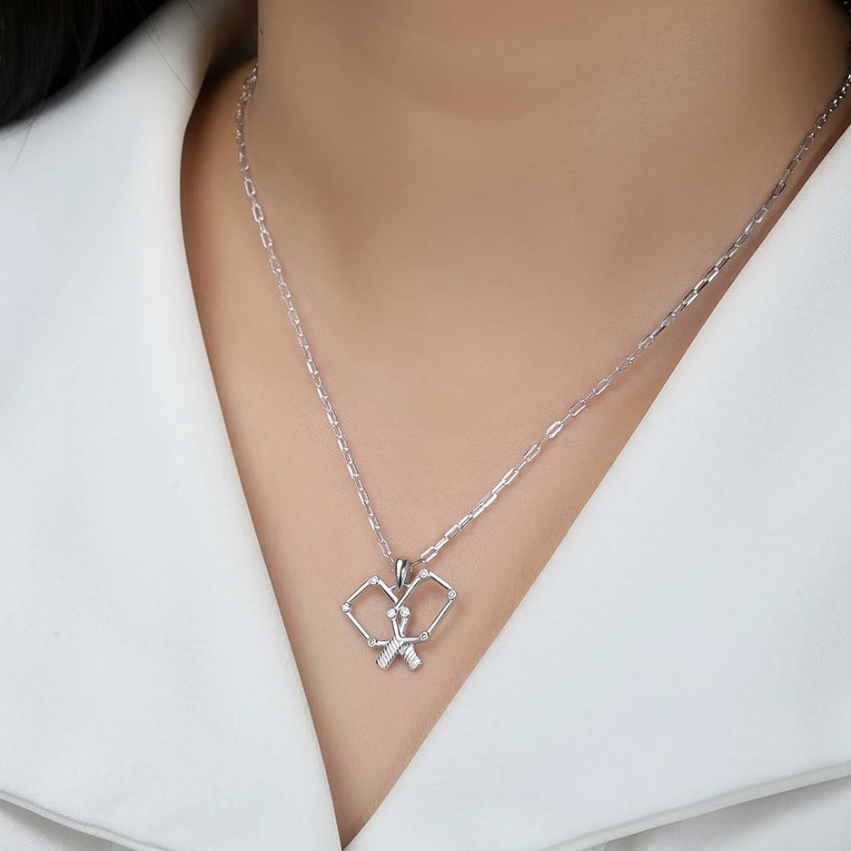 pickleball paddle pendant necklace in silver on model