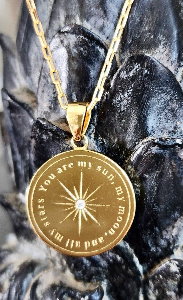 Saints and Saviors Over The Moon Pendant Necklace Clear "You are my sun, my moon and all my stars" engraved on reverse