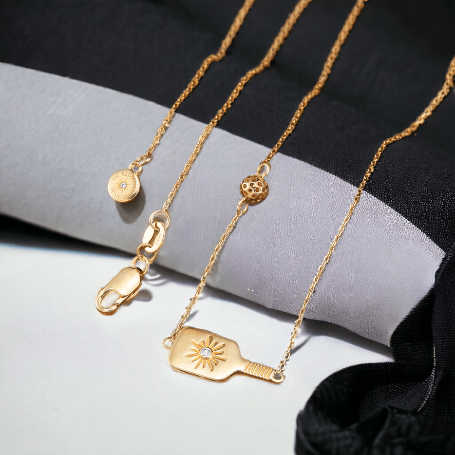 Pickleball Dinker FINE Necklace Solid 14k Gold Paddle and Ball with Diamond