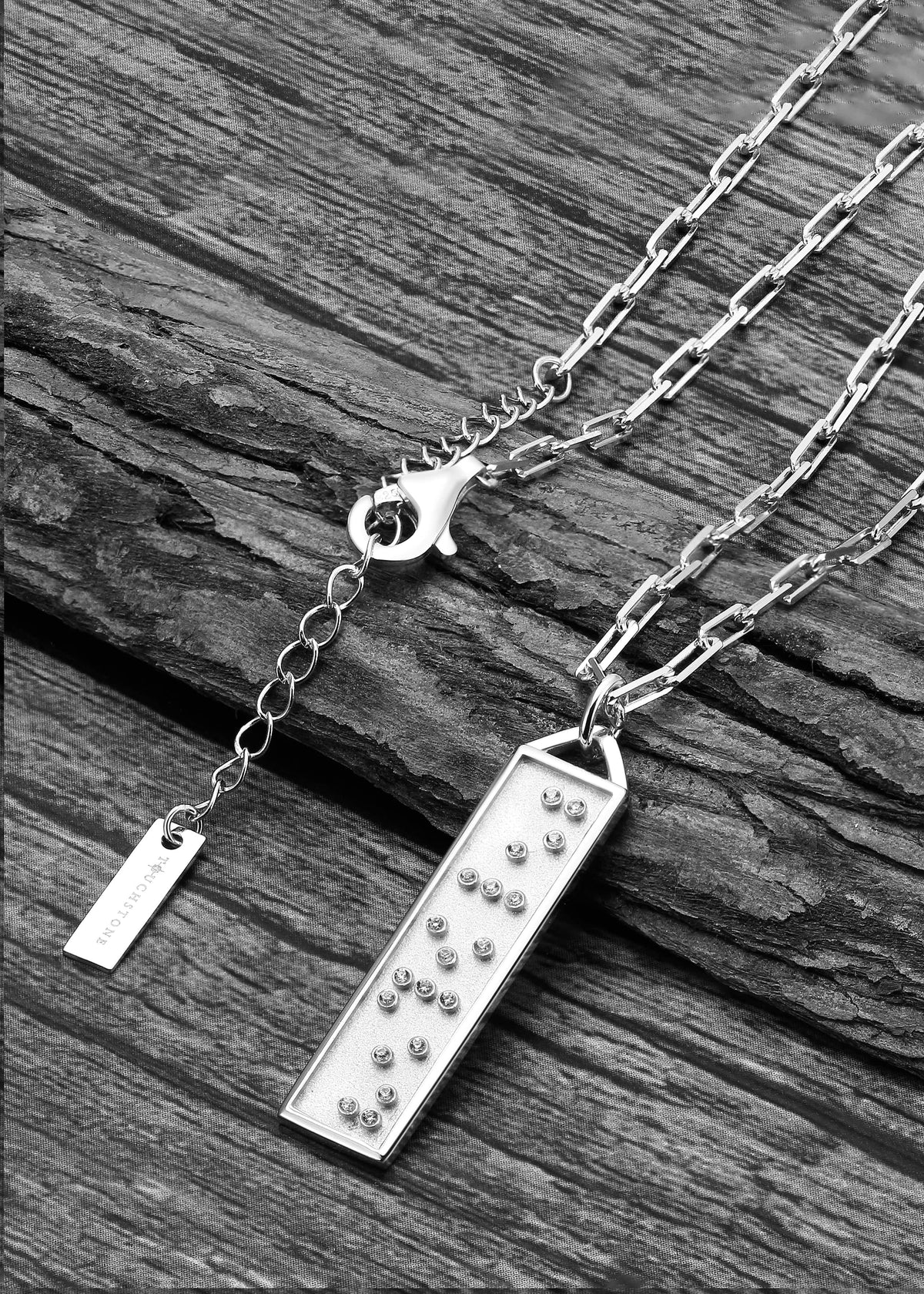 Touchstone Beloved Bar Necklace Silver "Beloved" in Braille Crystals