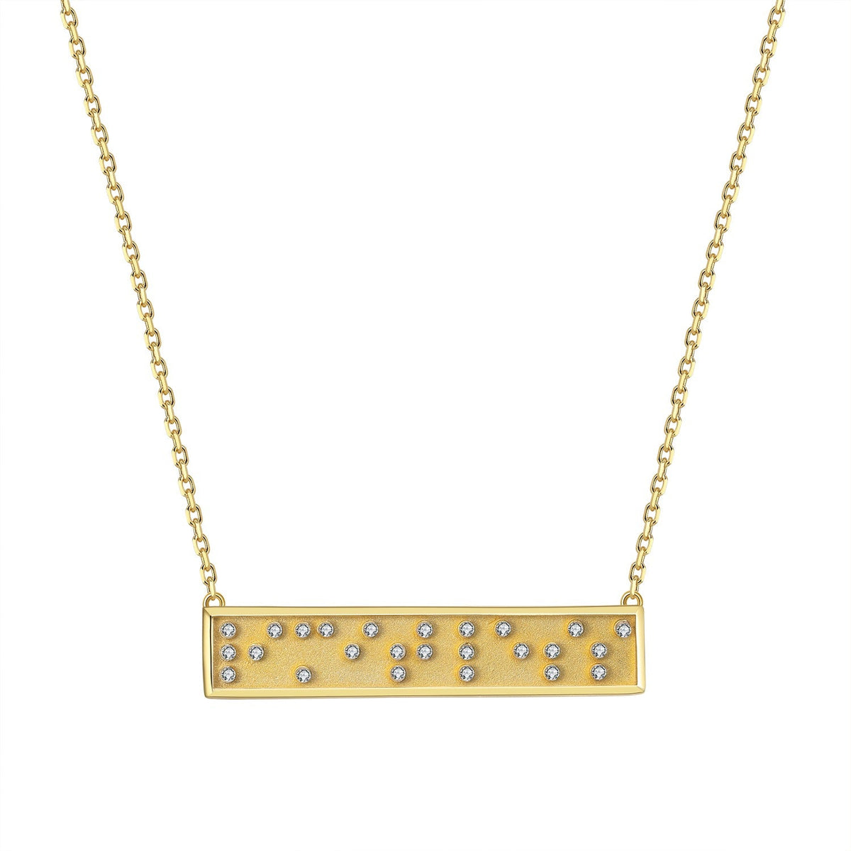 Gold necklace with a bar pendant featuring small Braille message diamonds on a white background spells out limitless