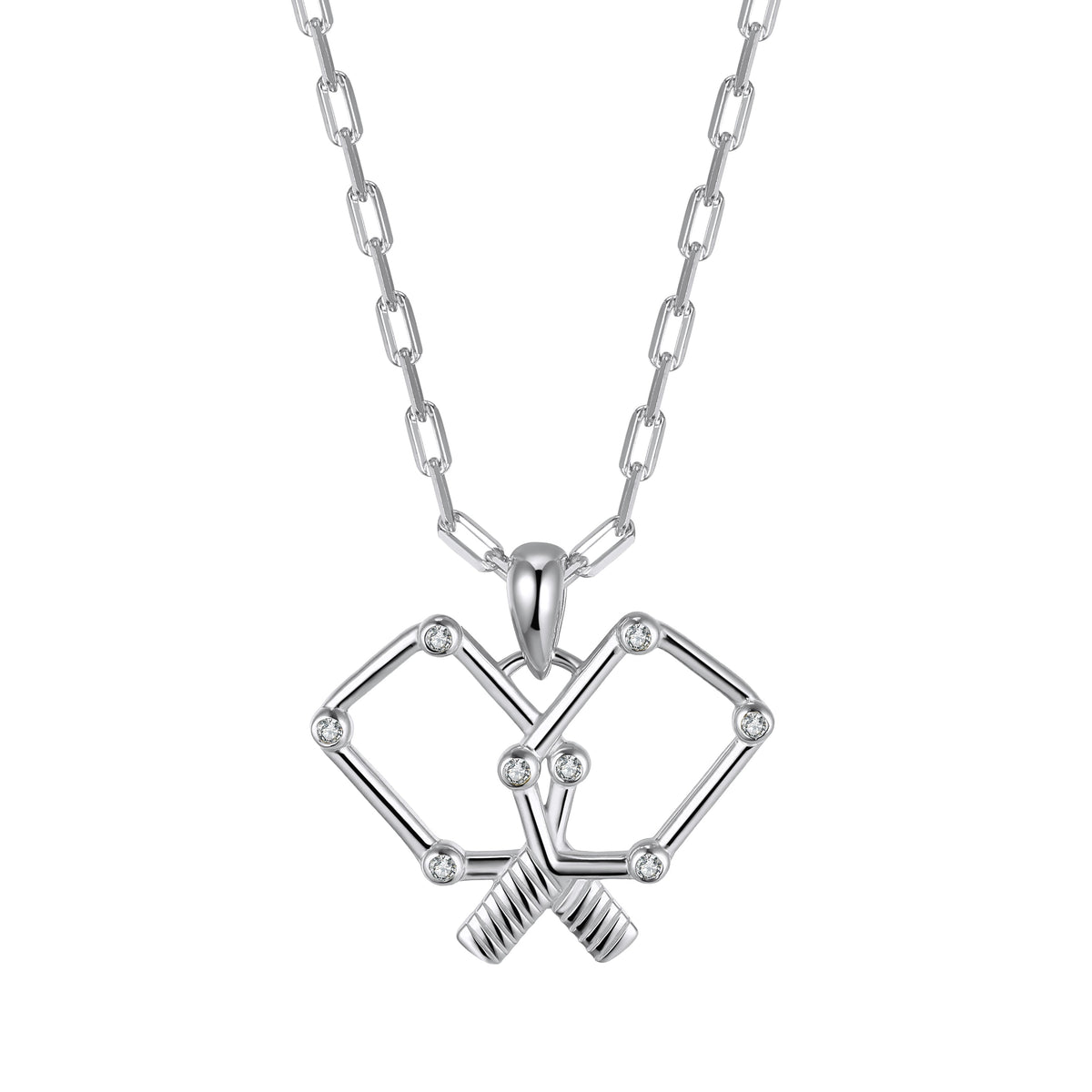 Silver pickleball paddle necklace with a unique pendant design on a white background