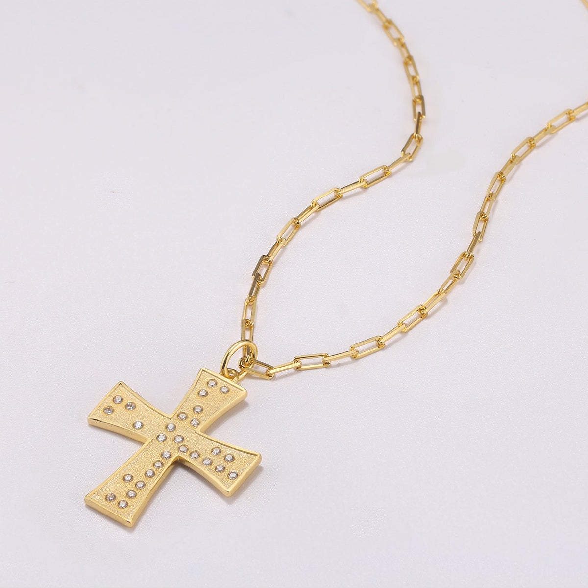 Touchstone Cross Faith/Family in Braille Crystals on Cross Necklace Gold on White Background