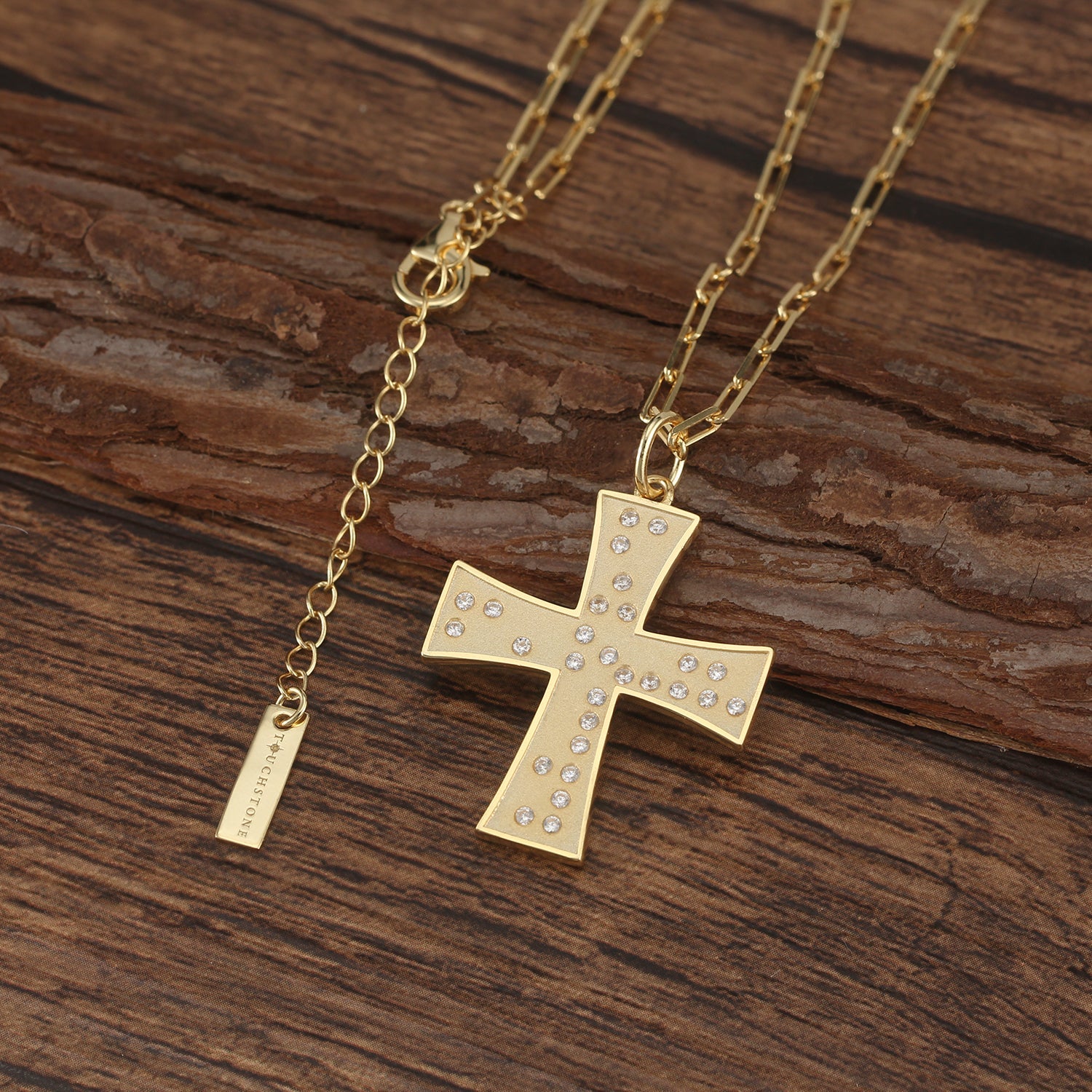 Touchstone Cross Faith/Family Braille Crystals Necklace Gold