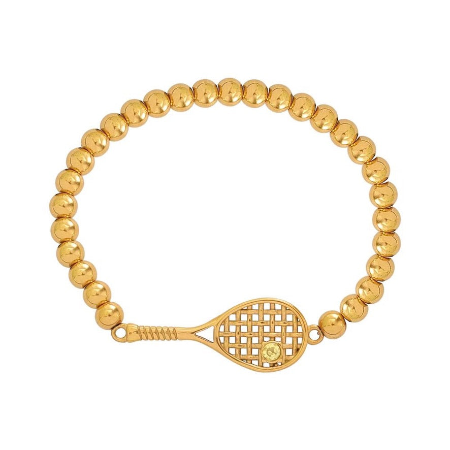 Lovematch Gold beaded stretch bracelet with a tennis racquet charm on a white background