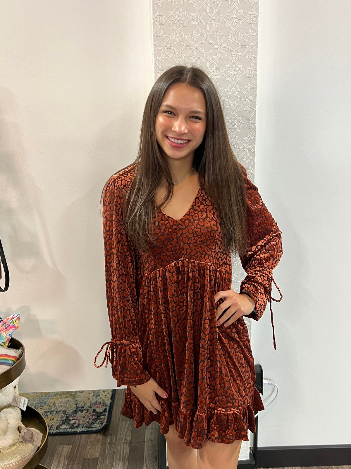 Rust Leopard Velvet Ruffled Holiday Mini Dress - Athena's Fashion Boutique