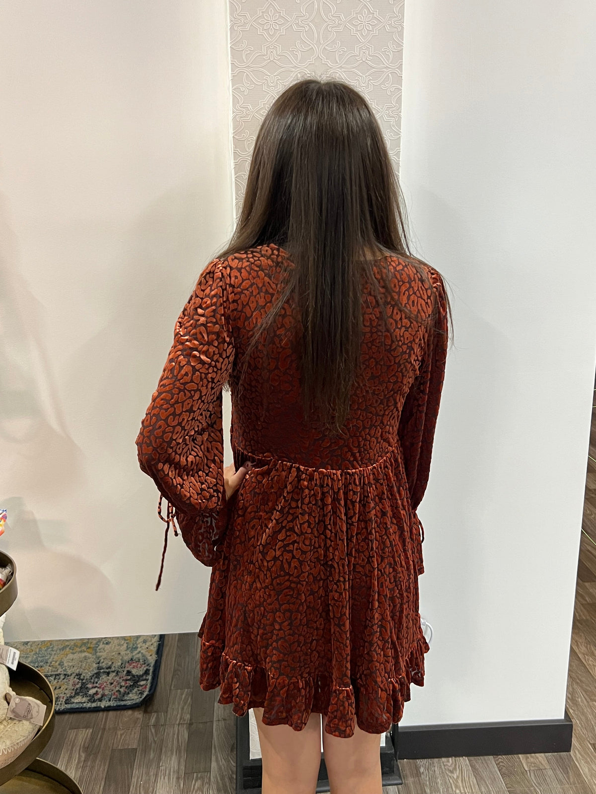 Rust Leopard Velvet Ruffled Holiday Mini Dress - Athena's Fashion Boutique