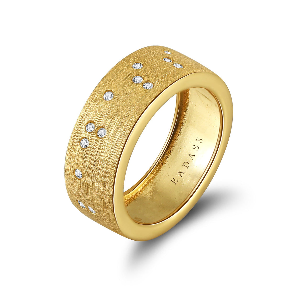 Touchstone 'Badass' in Braille Crystals and Engraved Inside Band Ring Brushed Gold