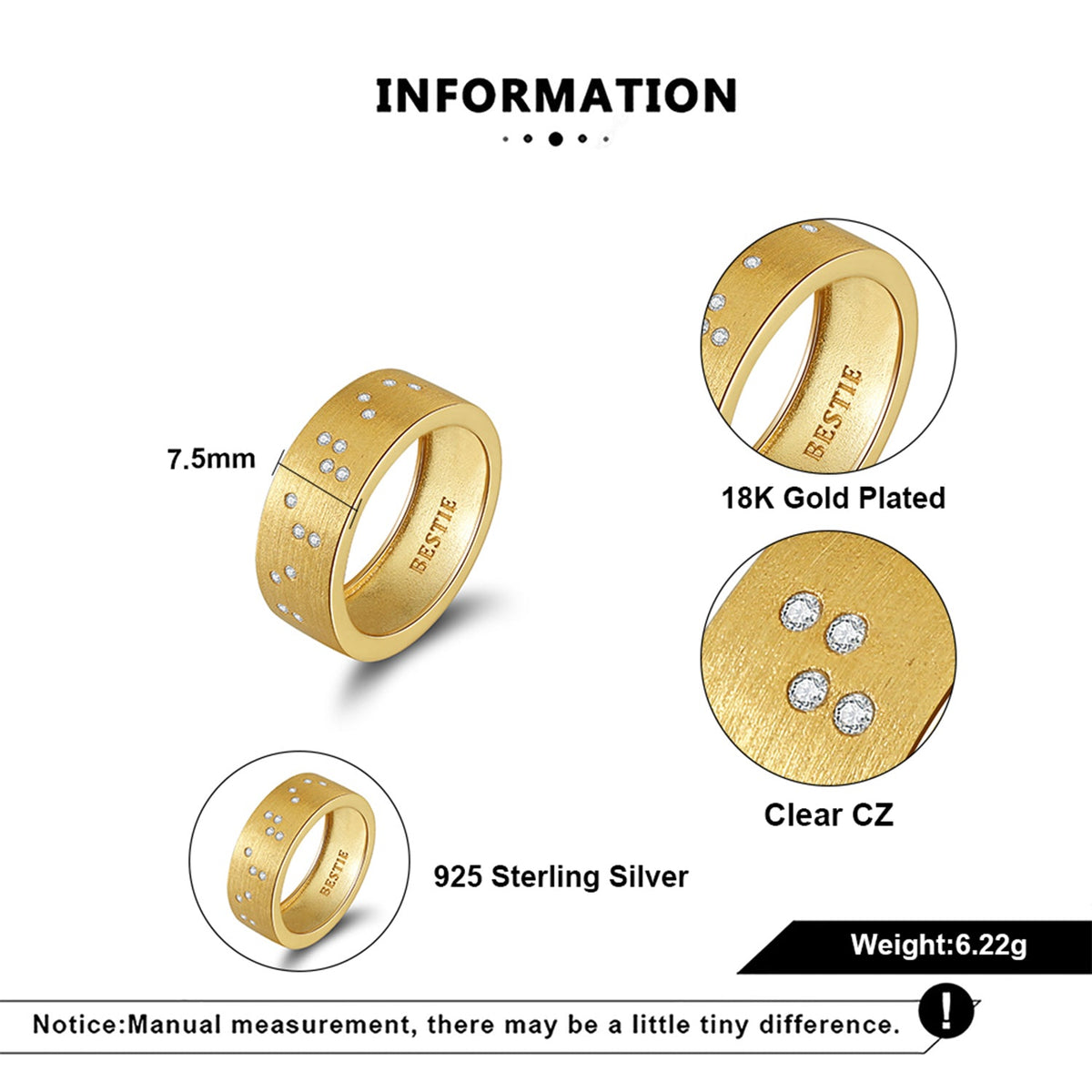 Touchstone Badass Band Ring Brushed Gold Specs