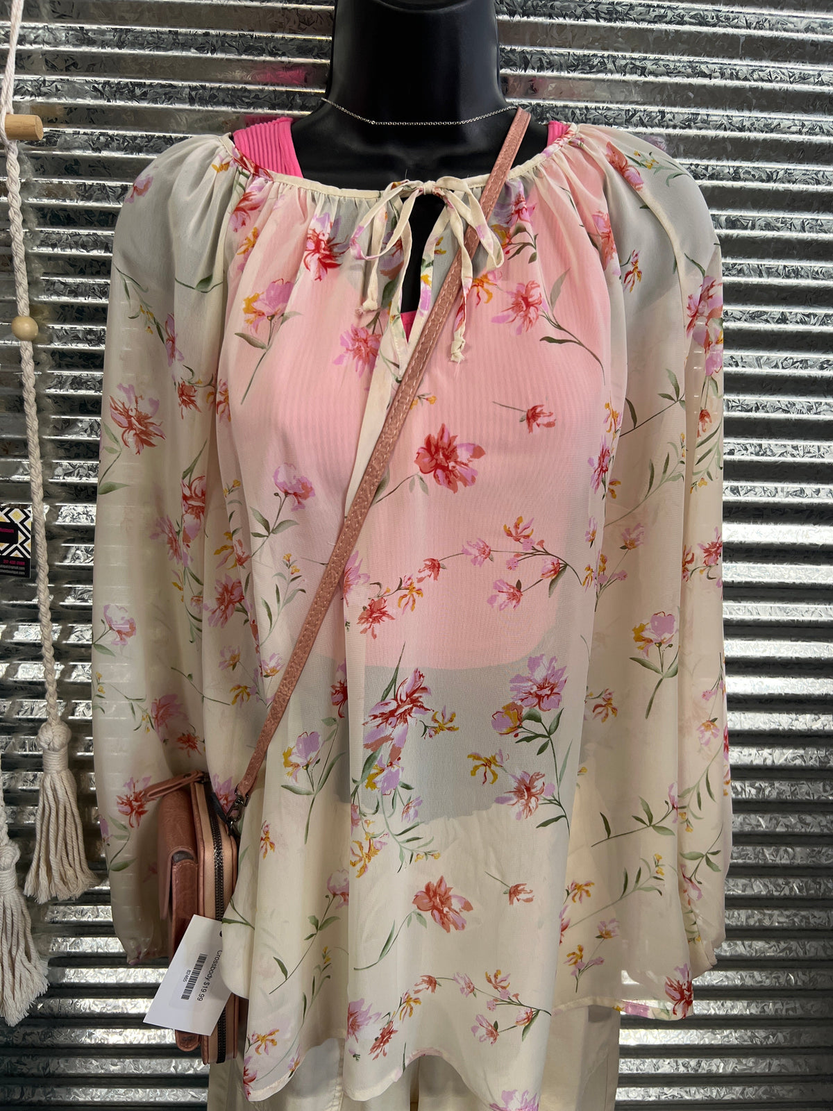 Long Sleeve Sheer Floral Drawstring Blouse - Athena's Fashion Boutique