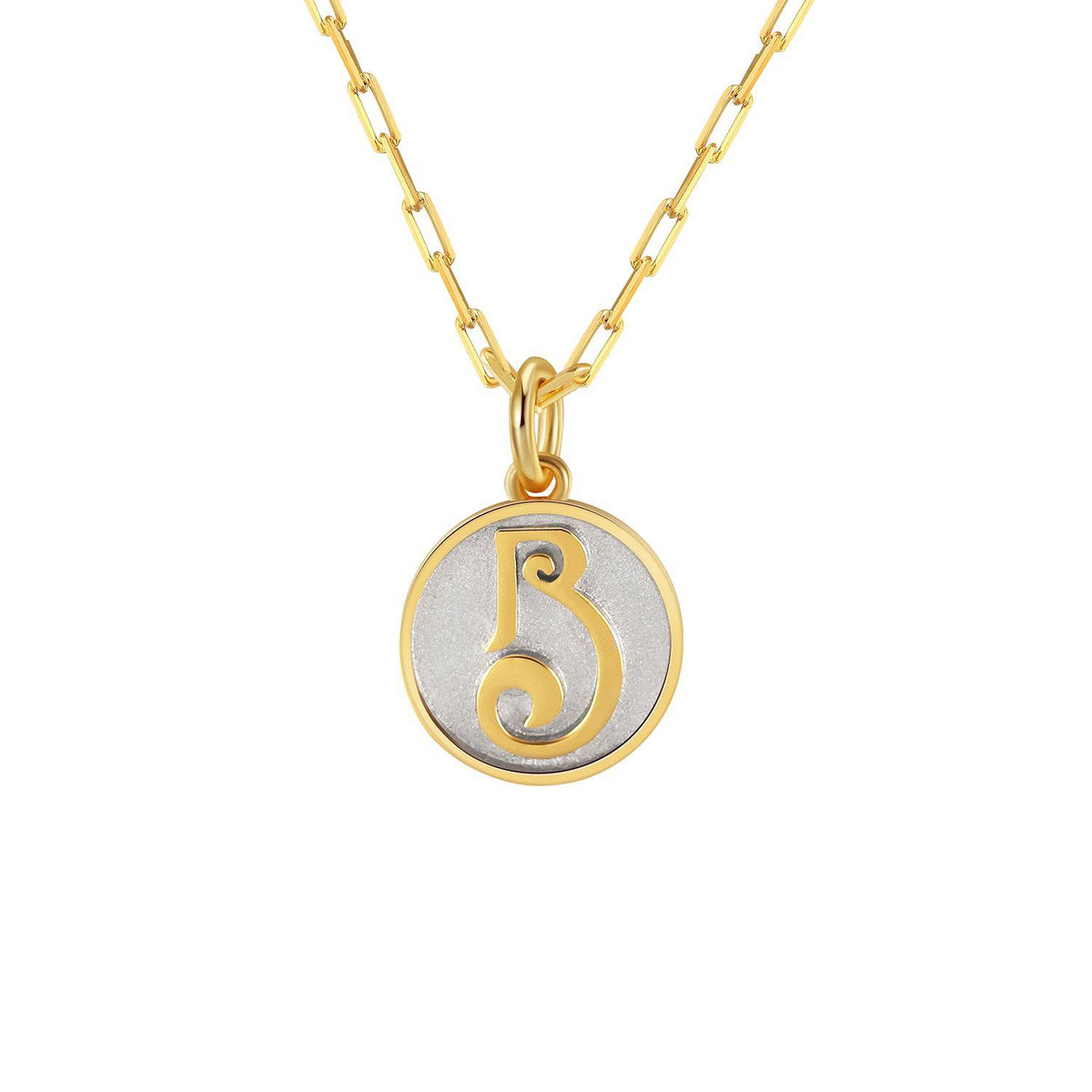 Saints and Saviors Dainty Fancy Initial Pendant Necklace gold letter B on small silver disc