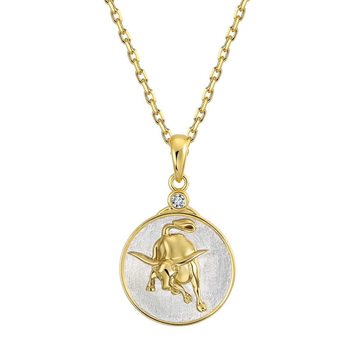 Gold and silver Taurus Bull Zodiac pendant necklace on a white background
