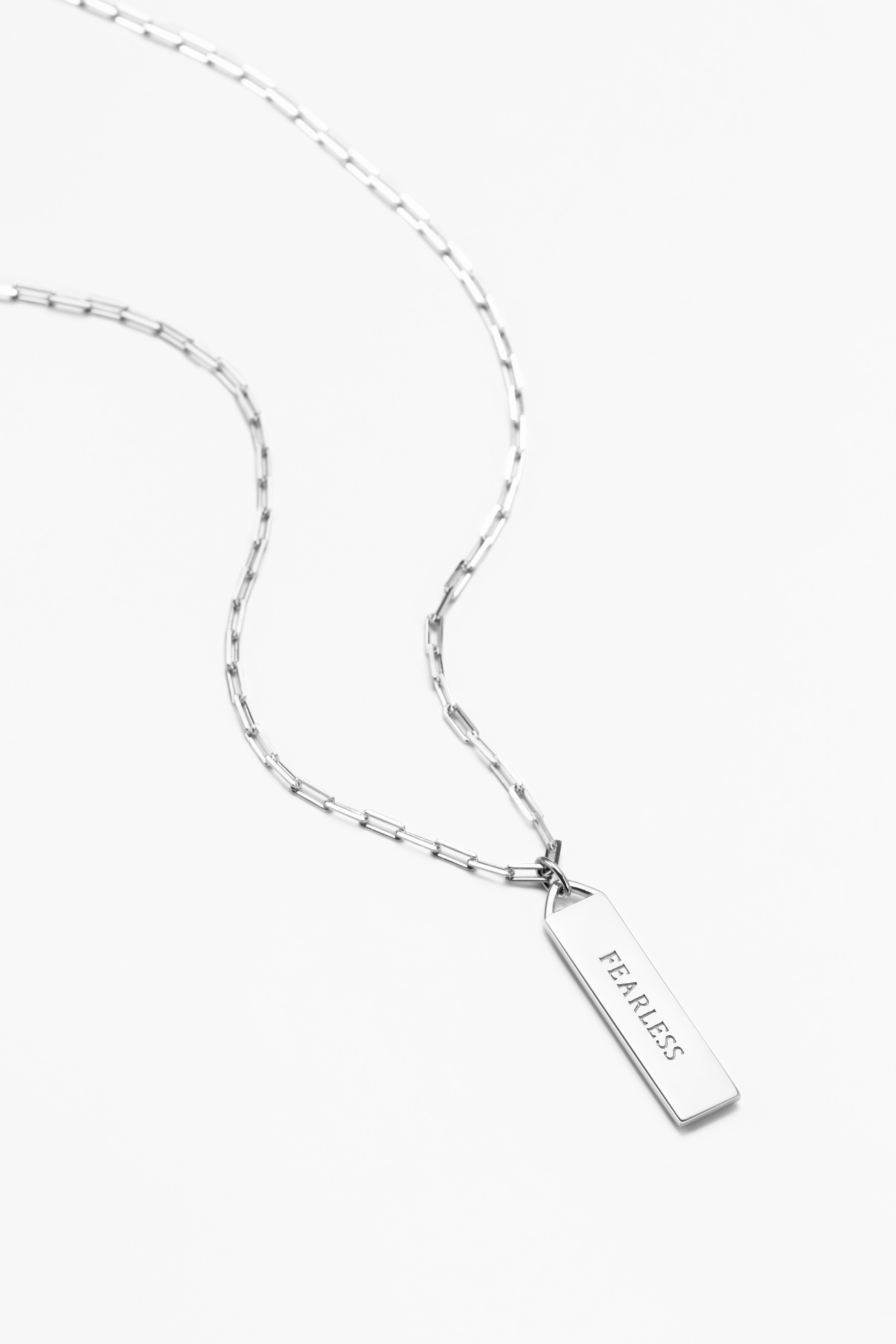 Touchstone Fearless Bar Necklace Silver "Fearless" engraved in plain text on reverse