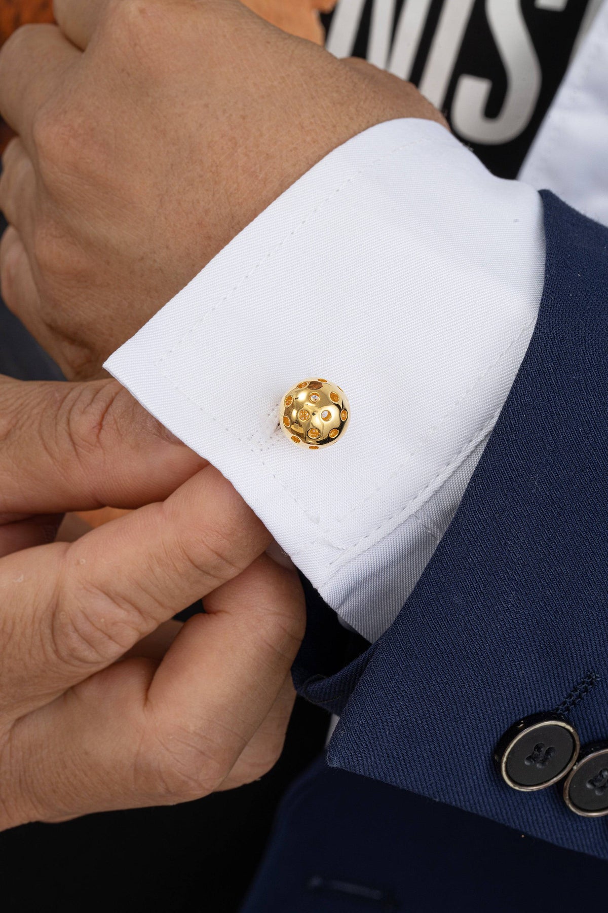 Pickleball Cuff Links Gold Ball on model