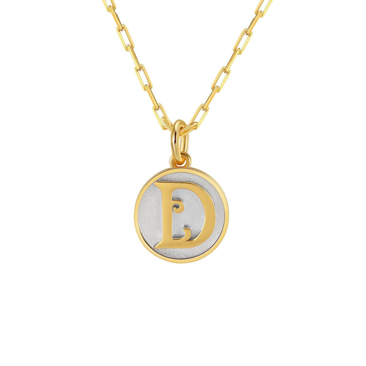 Saints and Saviors Dainty Fancy Initial Pendant Necklace gold letter D on small silver disc