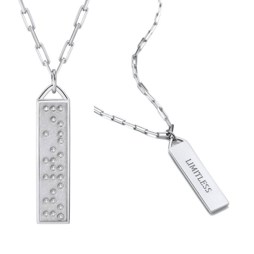 Touchstone Limitless Bar Necklace Silver "Limitless" in Braille Crystals and engraved in plain text on reverse