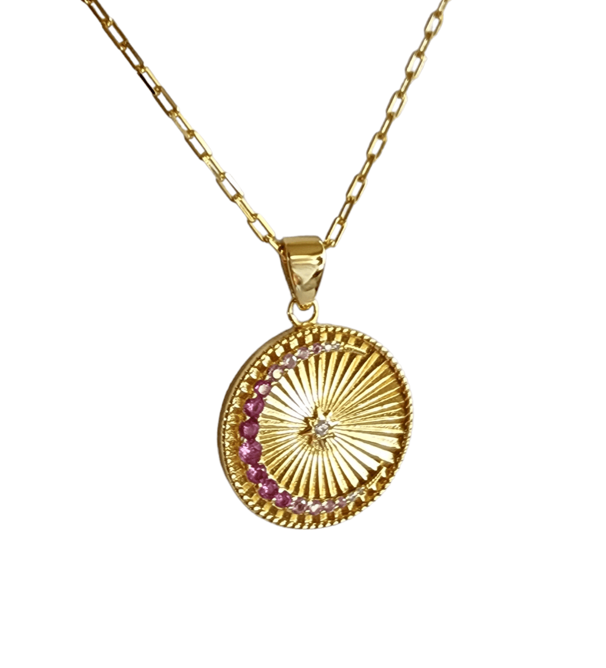 Saints and Saviors Over The Moon Pink Pendant Necklace featuring crescent moon in ombre pink crystals and sun rays