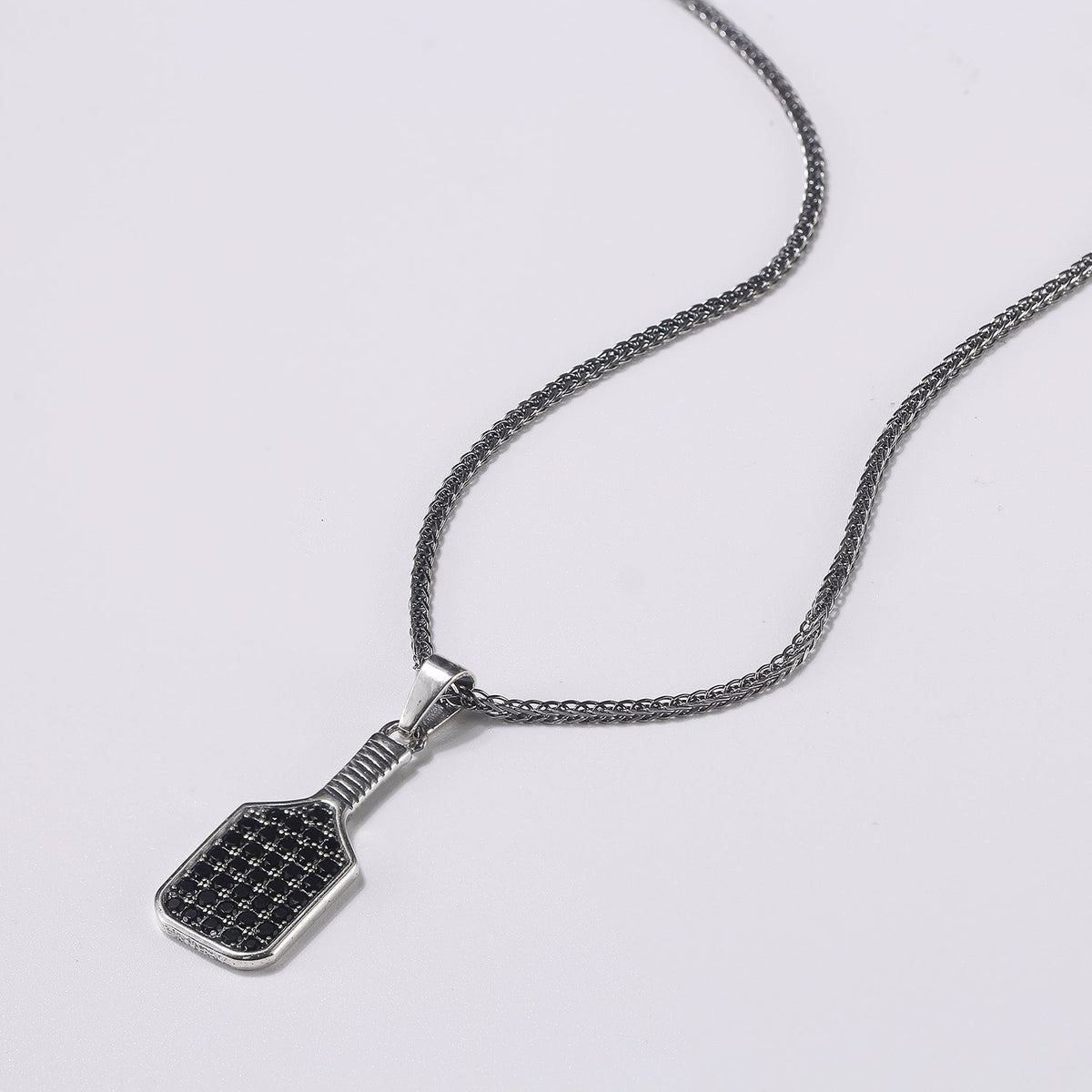 Pickleball Baller Paddle Necklace Silver with Black Crystals