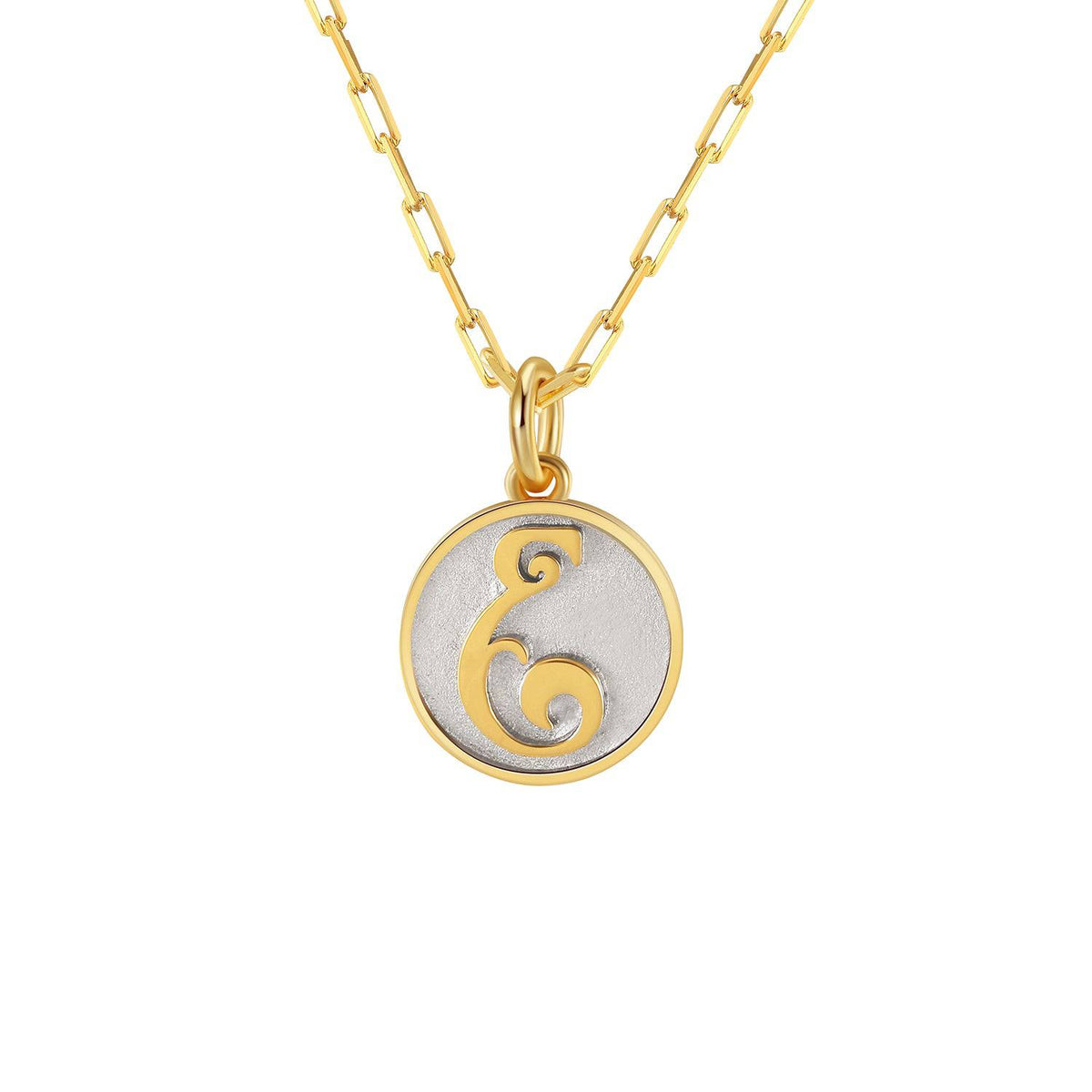 Saints and Saviors Dainty Fancy Initial Pendant Necklace gold letter E on small silver disc