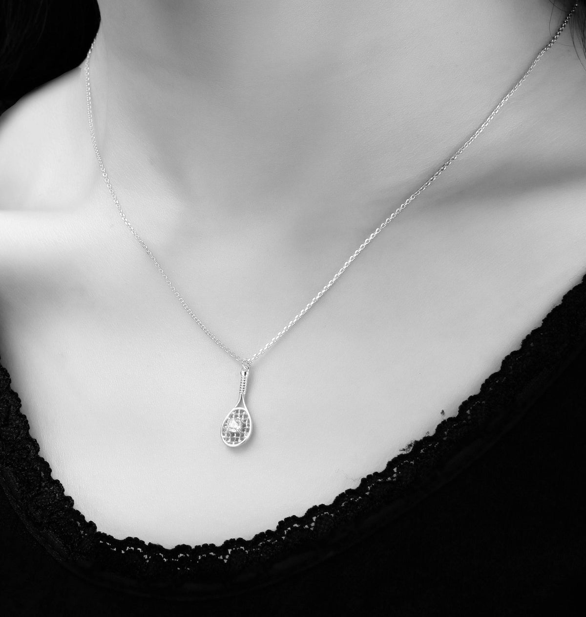 LoveMatch Tennis Baby Love Silver Racquet & Ball Pendant Necklace on model