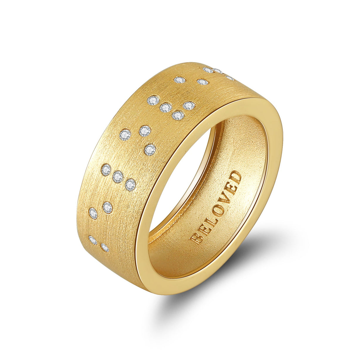 Touchstone 'Beloved' Engraved Inside and Braille Crystals Band Ring Brushed Gold