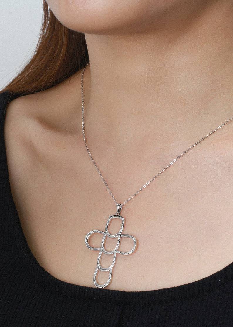Saints and Saviors Faith & Luck Cross Necklace Silver on model